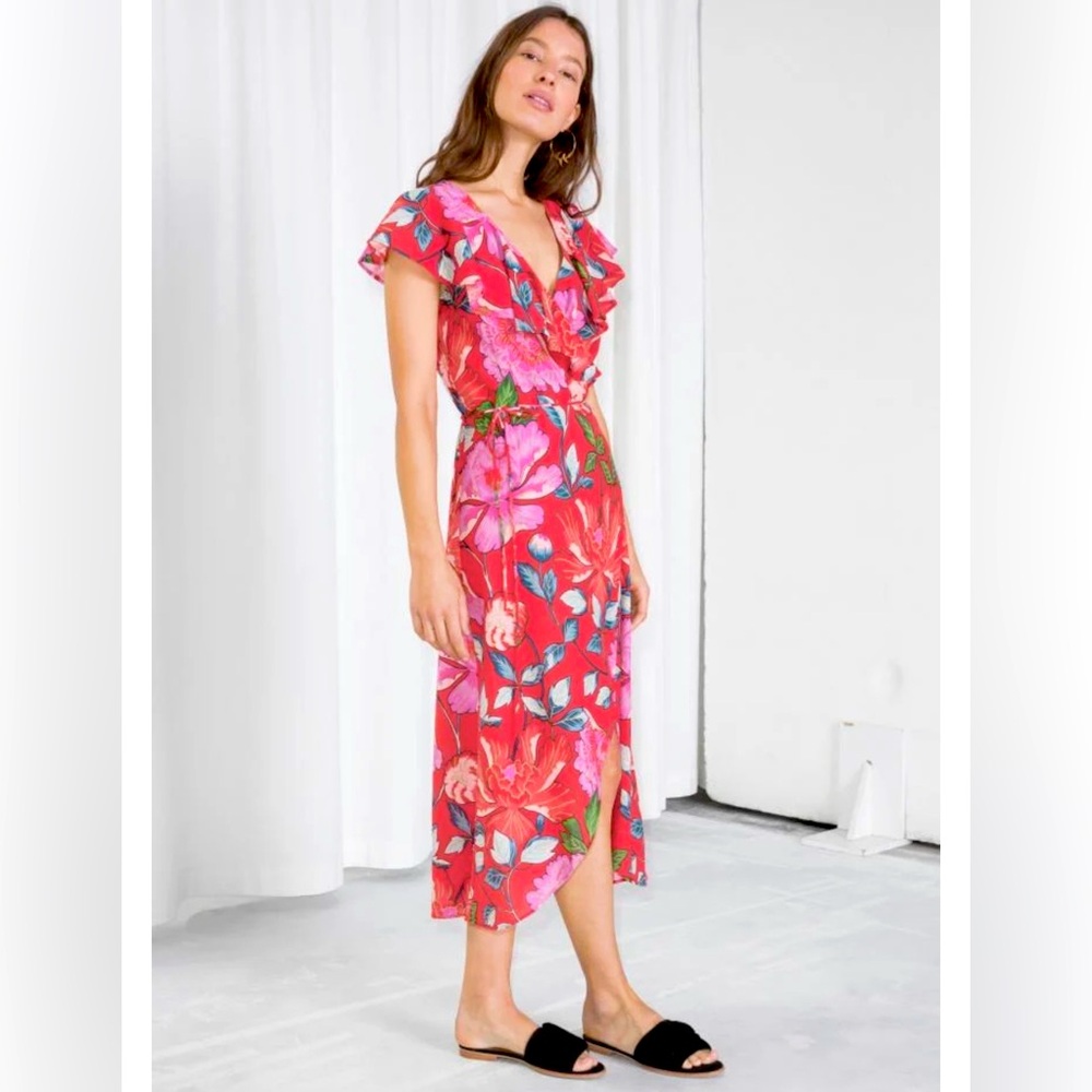 & Other Stories Pink and Red Floral Midi Dress